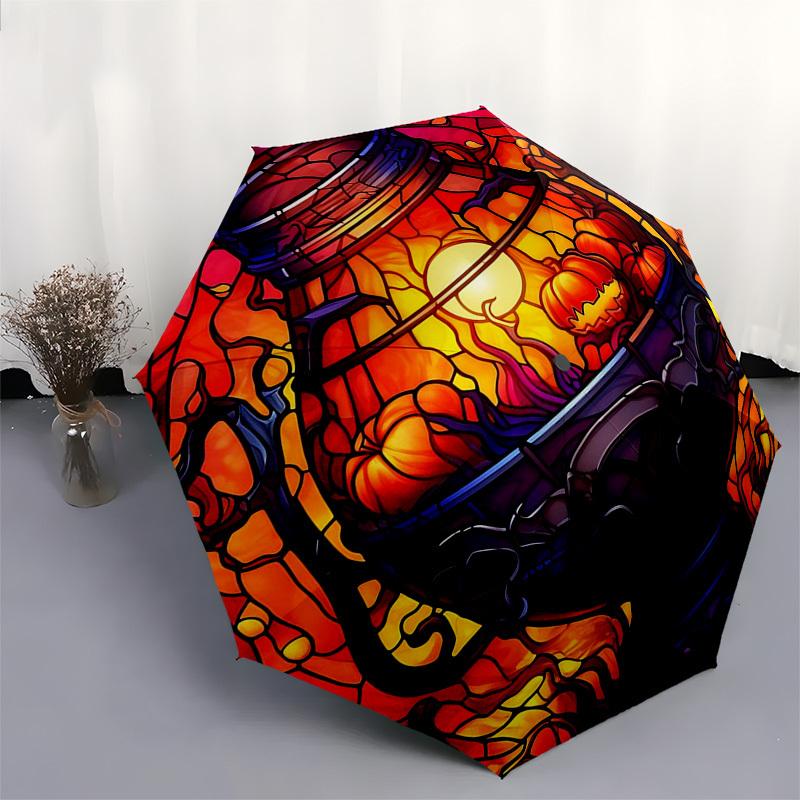 1pc Stained Glass Halloween Pumpkins Auto Open Close Umbrella, Portable 3-Fold Design with 8-Bone Iron Frame, Outdoor Umbrella for Festivals, Travel,