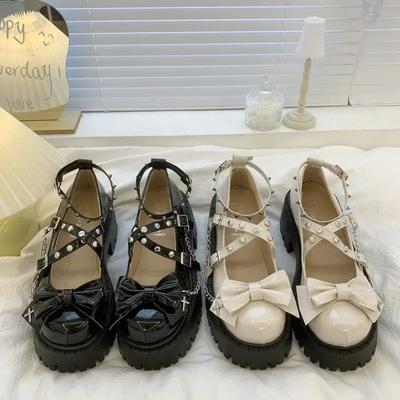 Scarpe Mary Jane da Donna in Vernice con Fiocco Scarpe Décolleté da Donna Dolce Stile Lolita con Lacci Incrociati Pelle Punk Gotico Borchie Scarpa Casual