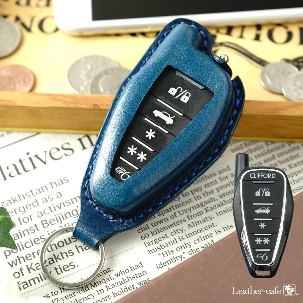 [Kecha-ya] Clifford G6 Car Security Remote Control Case, Smart Key Cover, Genuine Leather, Made in Japan, Stylish, Personalized, with Window (Blue)