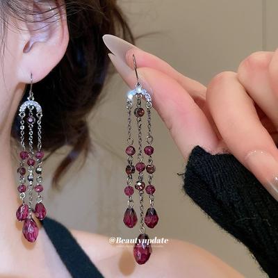 European-American Rhinestone Glass Beaded Tassel Ear Hooks: Retro Court-Style Luxury Earrings
