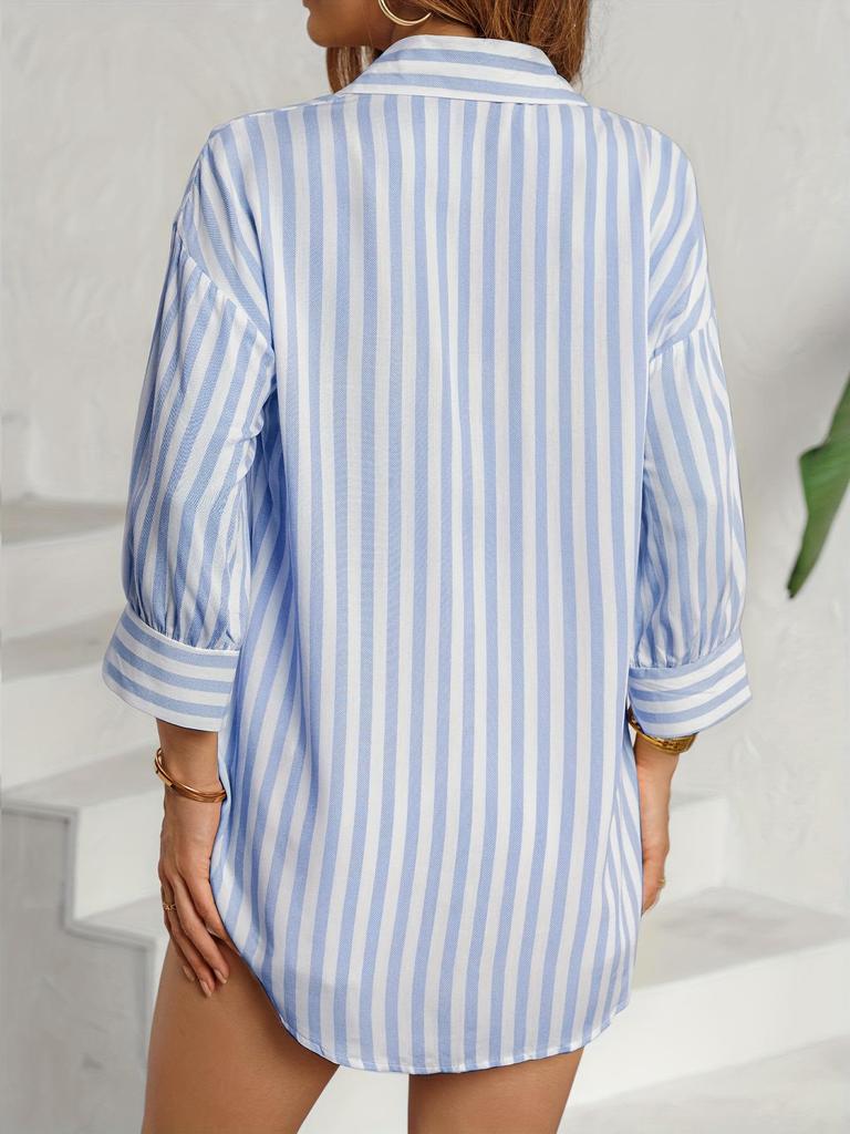 2025 Summer European & American Stripe Pocket Long Sleeve Single-Breasted Shirt Dress