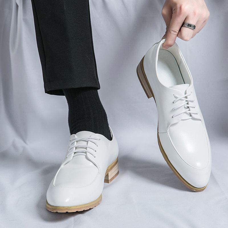 2025 new leather shoes men's business dress pointed head height wedding groom wedding photography men's breathable white shoes