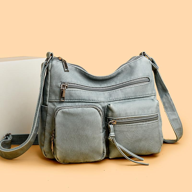 New women's bag retro fashion faded soft leather shoulder bag trendy multi-pocket large-capacity messenger bag