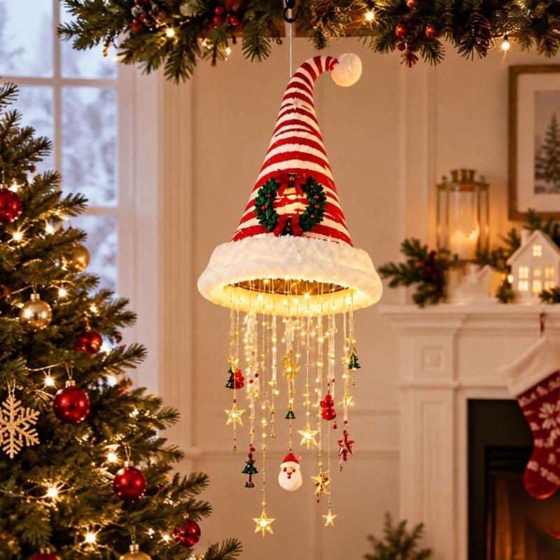 Santa Hat Chandelier Red-White Christmas Hanging Decoration, Tiered Santa Hat Figure Set for Holiday Parties and Indoor Home Displays