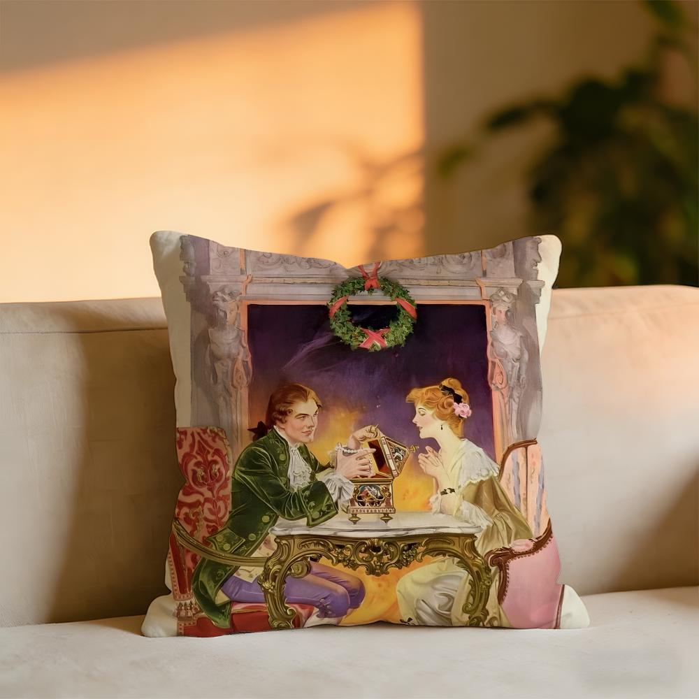 Retro Illustration Cushion Cover Cozy Velvet Throw PillowSoft Warm Cushion For Sofa Bed