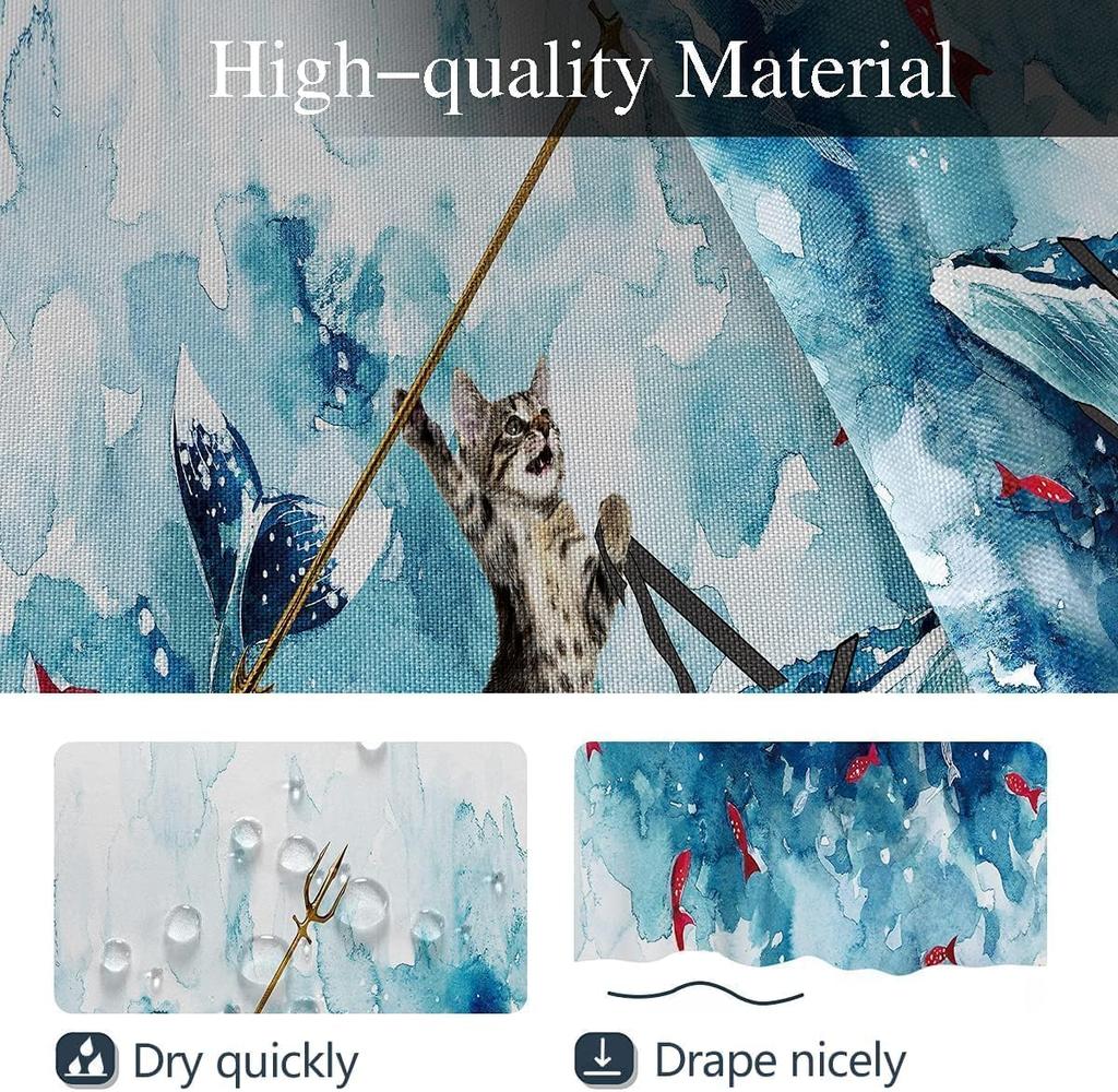 Funny Cat Shower Curtain Long Cute Fun Cool Riding Whale Ocean Wave Anime Kids Beach Nautica Theme Sea Fish Hilarious Bathroom
