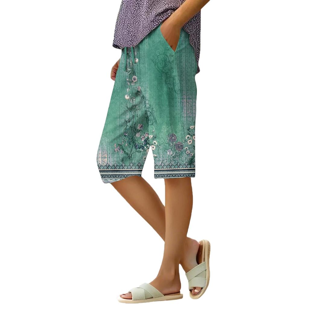 Women's Summer Elasticated Tie Waist Floral Cotton & Linen Loose Shorts