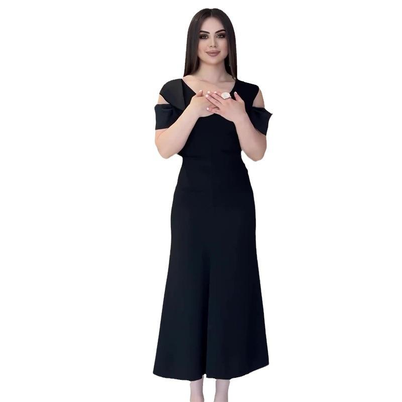 2024 Summer European & American Women's Solid Color Off-Shoulder A-Line Dress with Round Neck