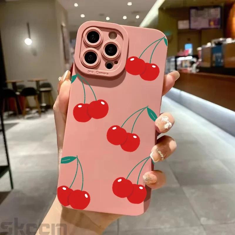 Roztomilý kreslený třešňový kryt na telefon pro iPhone 16 15 14 13 Pro Max 11 12 Mini X XR XS 7 8 Plus Stylový nárazuvzdorný silikonový měkký kryt
