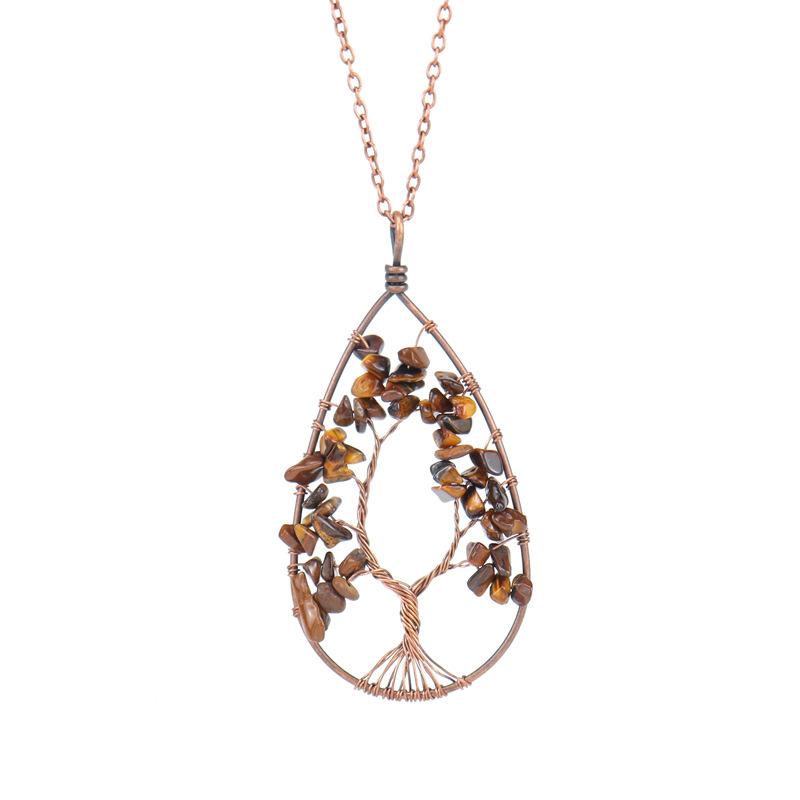 Ancient Red Copper Winding Natural Stone Crystal Water Drop Shaped Tree Of Life Necklace Colorful Stone Pendant N29
