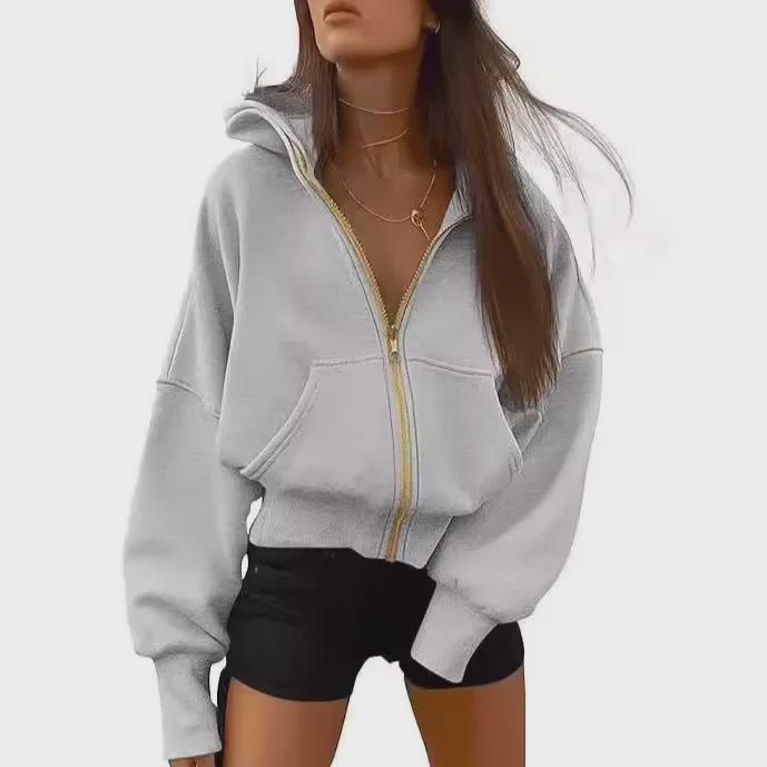 Women's Zip-Up Cropped Fleece Hoodie - 2024 Autumn/Winter Fashion