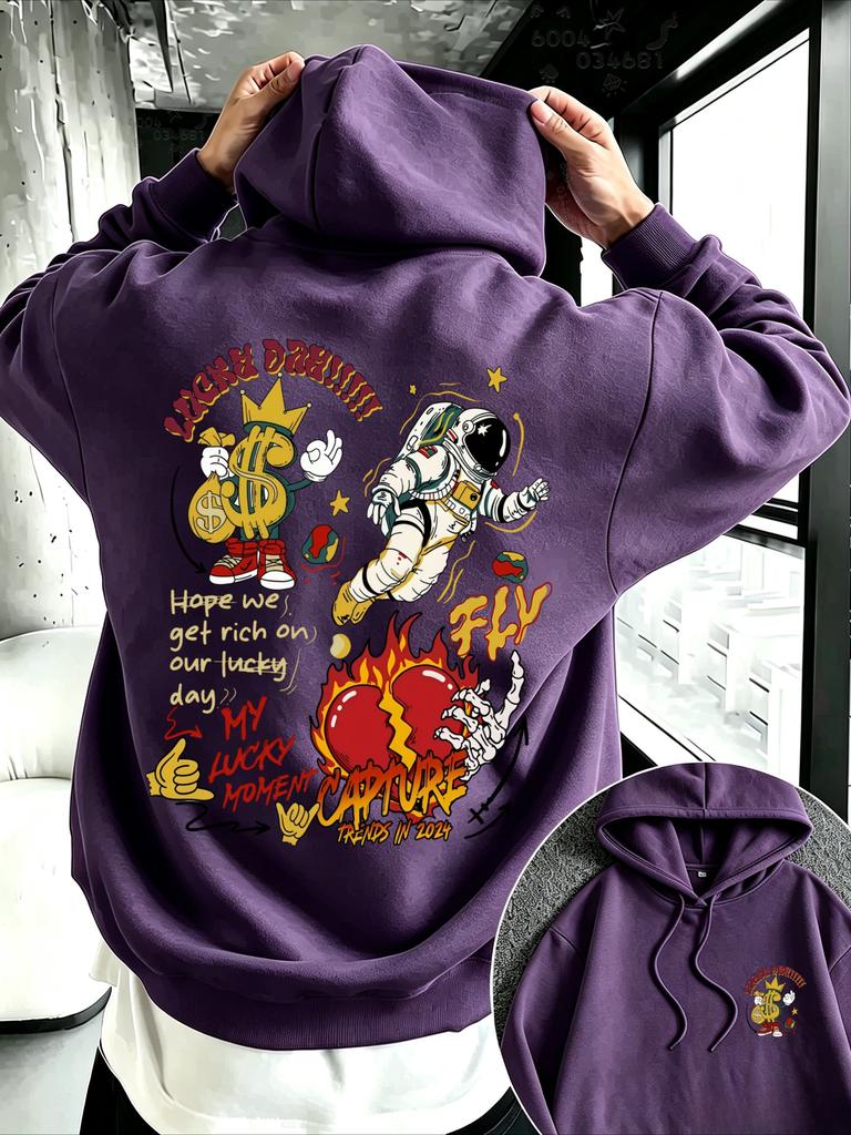 American-style Street Astronaut Graffiti Double-sided Printed Hooded Oversized Loose-shoulder Long-sleeved T-shirt for Couples