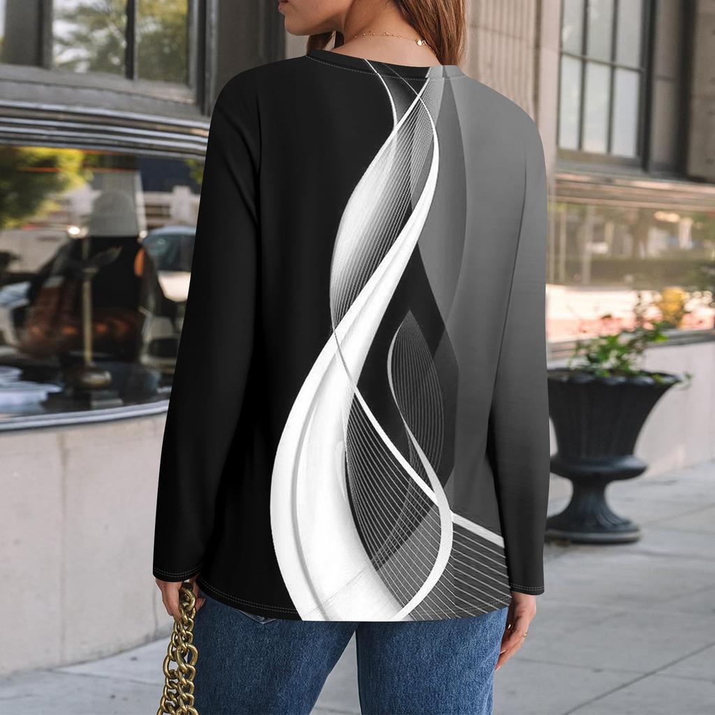 Dámský volný ležérní top s dlouhým rukávem, kulatým výstřihem, knoflíky, pruhovaným potiskem, tričko