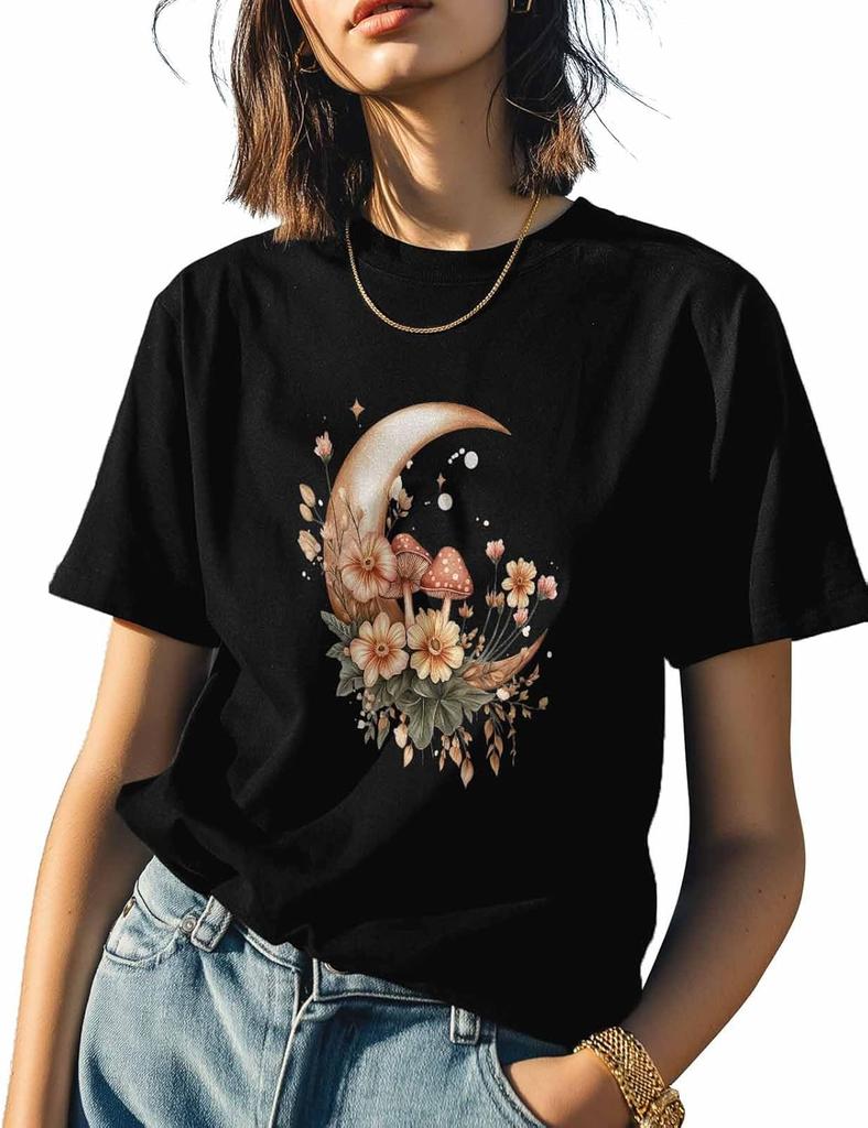 T Shirts for Women Graphic Tees Moon Crew Neck Short Sleeve Shirts for Women Mushroom Flower Casual T-Shirt