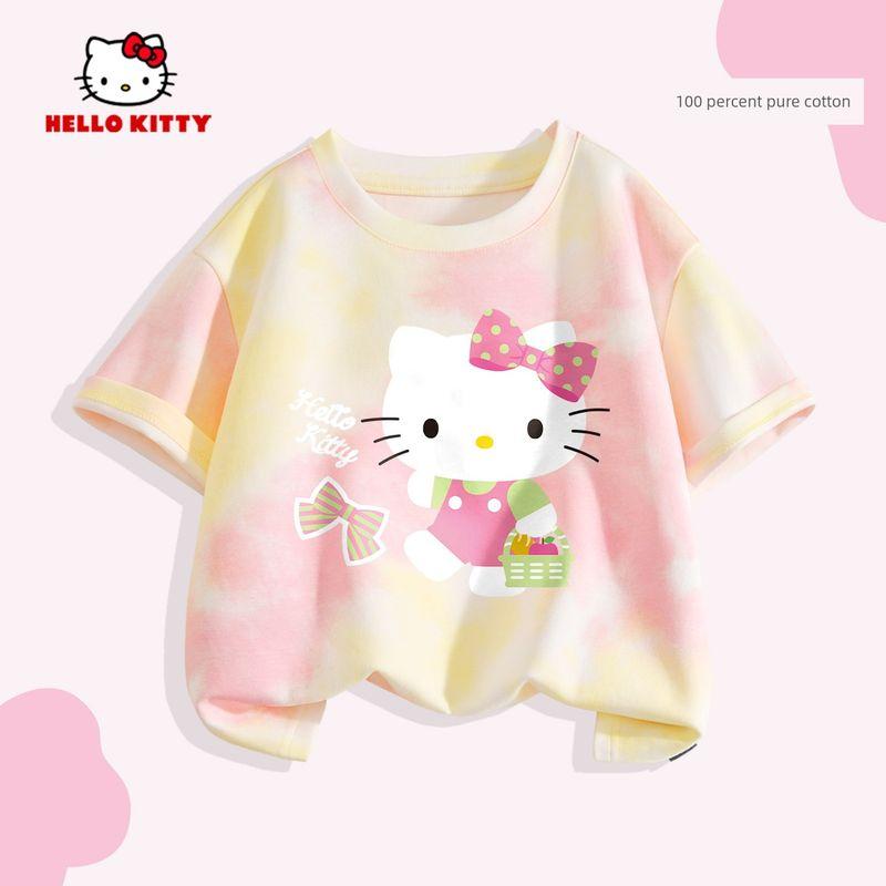 Hello Kitty Girls' Short-Sleeved T-Shirt 2026 New Pure Cotton Rainbow Kidsren's Summer Wear Tie-Dye Cute Clothes Trendy