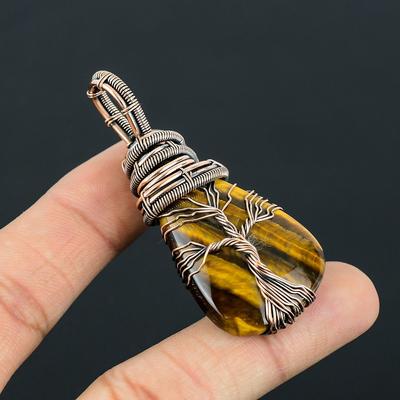 Tiger Eye Gemstone Handmade Pure Copper Wire Wrapped Pendant Jewelry For Women