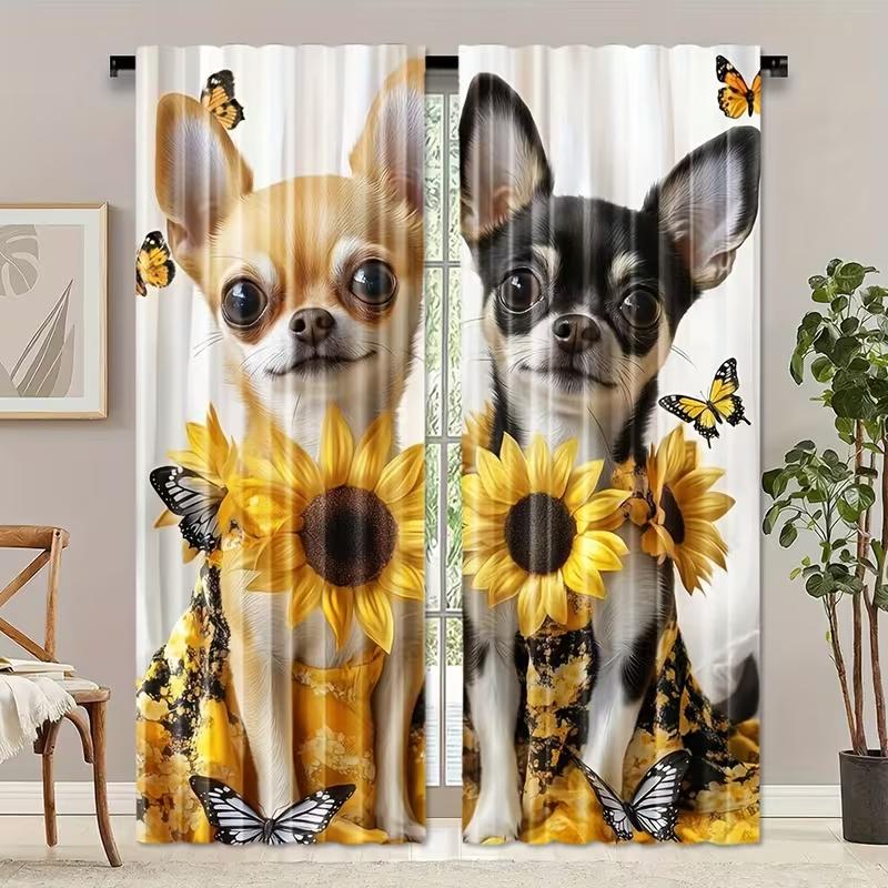 2Pcs Cute Yorkshire Terrier Print Curtains,suitable for Bedroom,living Room Kitchen Decoration,home Decoration,window Decoration