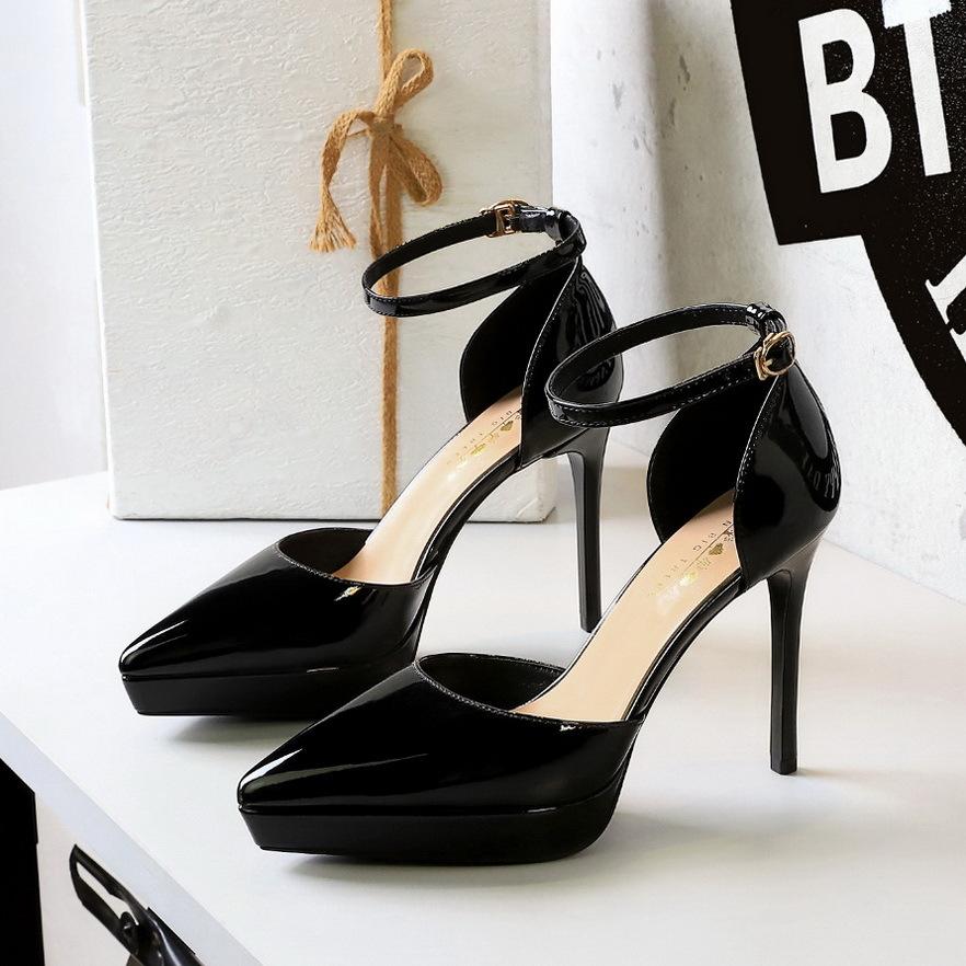 Fashion Elegant High Heels Women's Waterproof Platform Pointed Toe Patent Leather Glossy Thin Heel Hollow Strap Sandals Women's Shoes