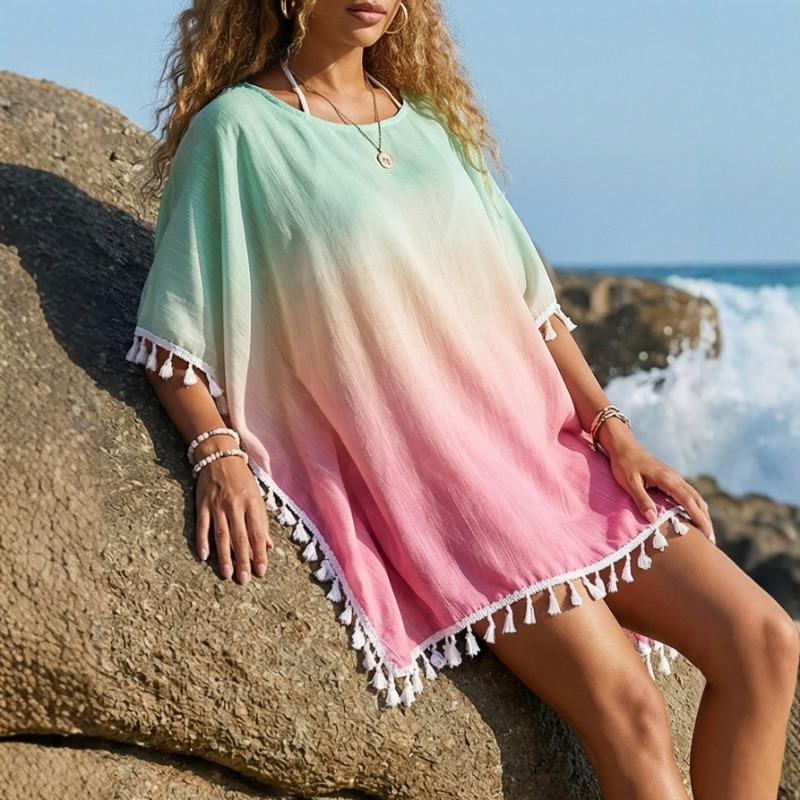 Casual Loose Gradient Printed Tassel Splicing Women Beach Cover Up T Shirt