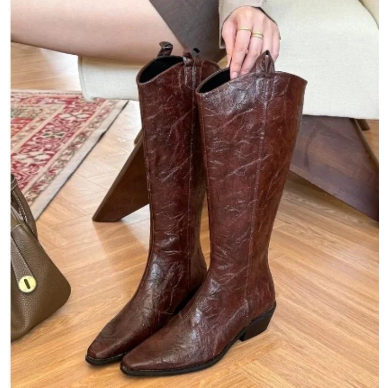 Fashion New Style Women Autumn/Winter Colors European and American Pointed Thick Heel High Barrel Large Western Side Zipper Denim Boots