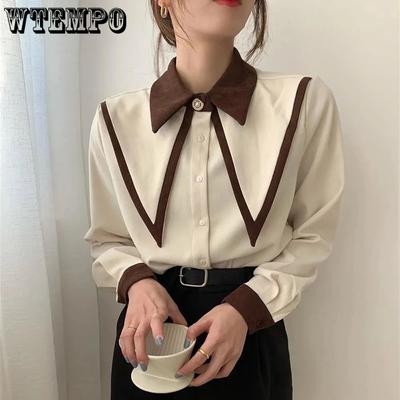 Vintage Elegante Shirts Frauen Chiffon Patchwork Rüschen Umlegekragen Langarm Bluse Büro Dame Lose Tops