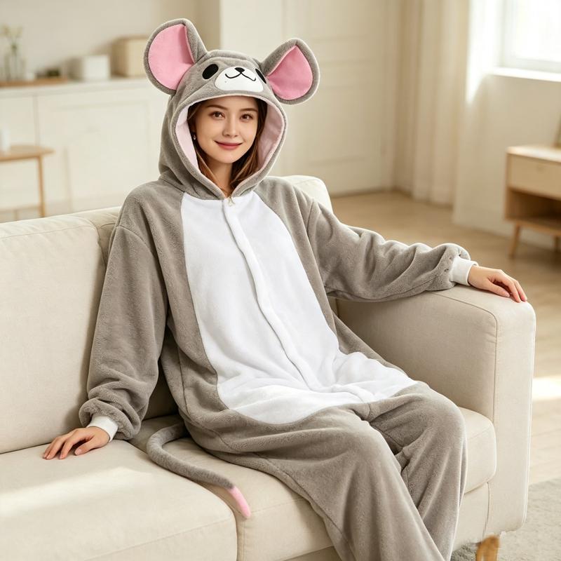 Szary Mysz Kigurumi dla Dorosłych Piżama Anime Kombinezon z Kapturem Polarowy Cosplay na Halloween Odzież Domowa