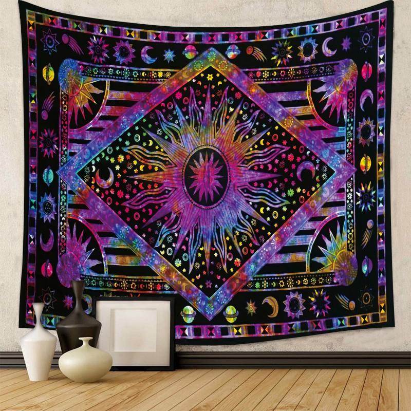Boho Chic Wall Tapestry With Moon Phase Floral Starry Sky Design Bedroom Yoga Studio Decor