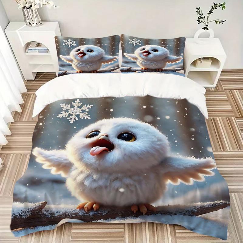 3-teiliges Winter Wonderland Schneeeule Bettwäsche-Set - Enthält einen Bettbezug und zwei Kissenbezüge (Kein Kern) - Festliches Geschenk für Schlafzimmerdeko - Pol