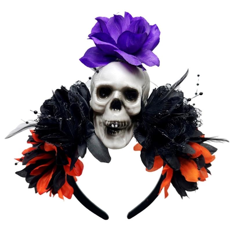 Halloween Party Skull Headpiece With Punk Flower Decors Comfortable Hairband For Adult Costume Event Gathering Headwear