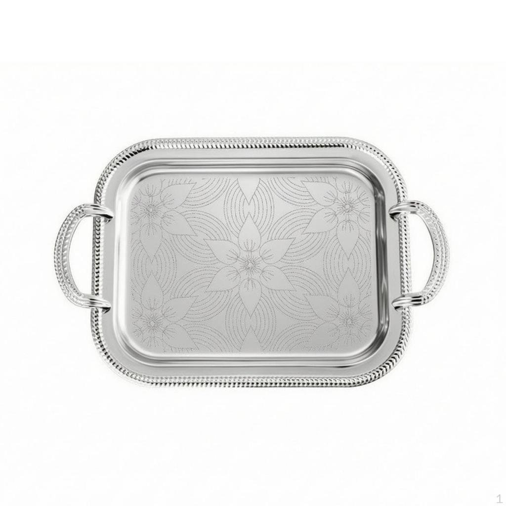 Silver-Toned Serving Tray with Handles Engraved Metal Decorative