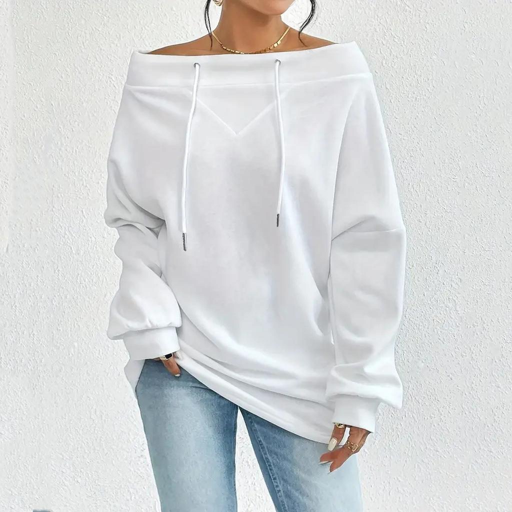 Women's Loose Casual Through Drawstring Off-the-shoulder Line Neck Top