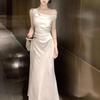 French Swan Neck One-Shoulder Summer Dress: Pleated, Waist-Cinching, Hip-Hugging Style for a Chic Look