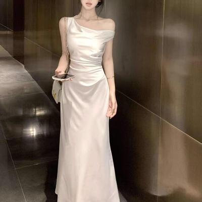 Autumn 2025 Women's Asymmetrical Silk Mermaid Dress: French Waist-Cinching, Slim-Fit Formal Long Dress