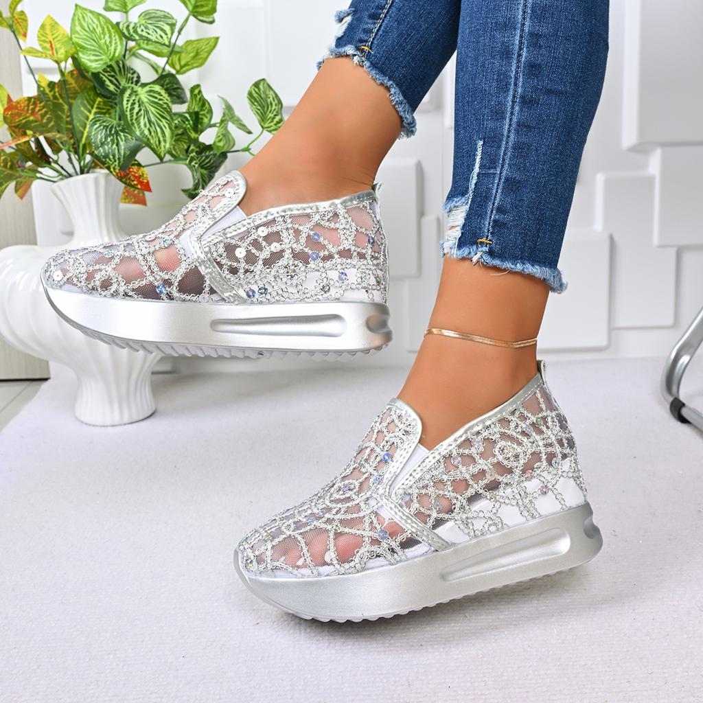 Fashion Platform Wedges Women Sandals  Floral Embroidery Mesh Sneakers Women Slip On Casual Comfy Heeled Shoes Woman Zapatos De Mujer