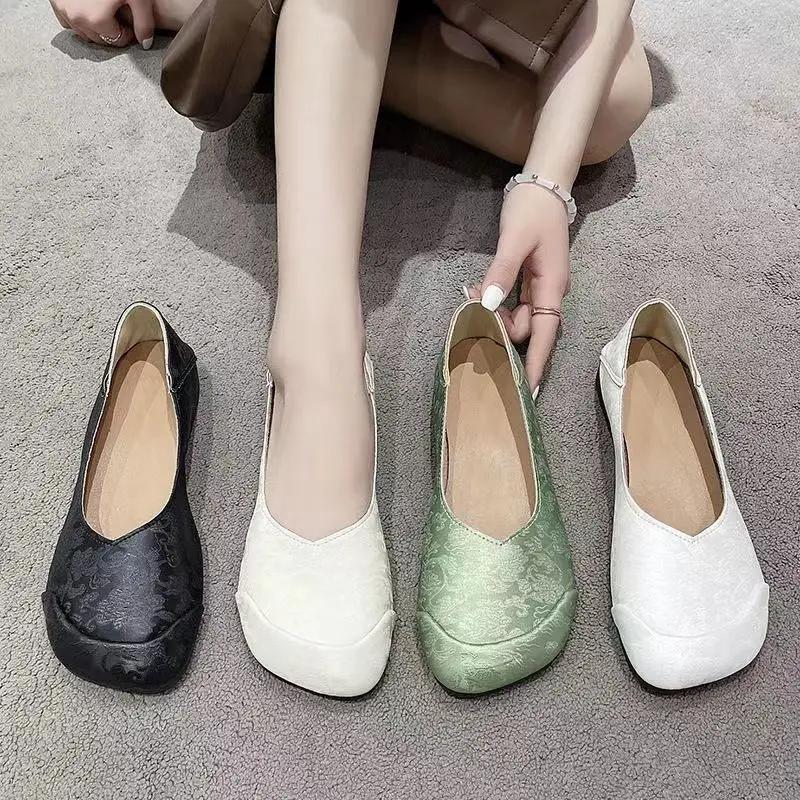 Módní dámské baleríny nazouvací černé kulatá špička nízký podpatek elegantní boty pro ženy zelené 39 korejský styl levný výprodej společenský šik populární