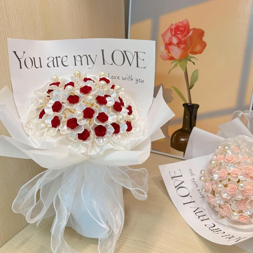 Pearl DIY Rose Bouquet with Light Ribbon Valentine’s Day Gift Baby Shower