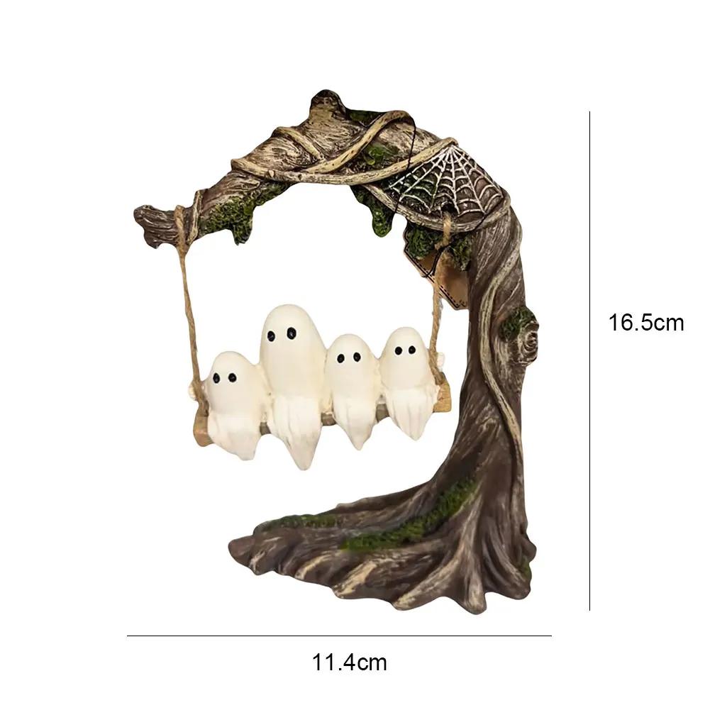 Halloween Swing Ghost Statue Resin Spooky Figurine Ghost Tree Swing Ornament Desktop Bookshelf Garden Patio Lawn Halloween Decor