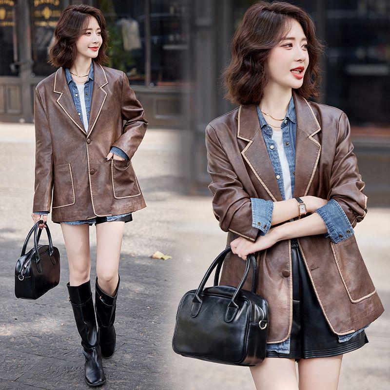 

Женская мотоциклетная куртка из кожи в стиле ретро Гонконг на флисовой подкладке для весны и осени XL