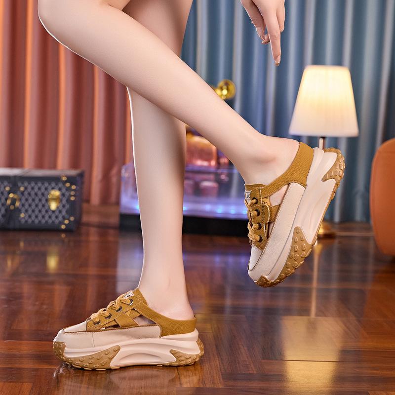 Baotou inner height increase half slippers women's summer wear 2025 new fashion thick-soled lazy cool slippers half tray women's shoes