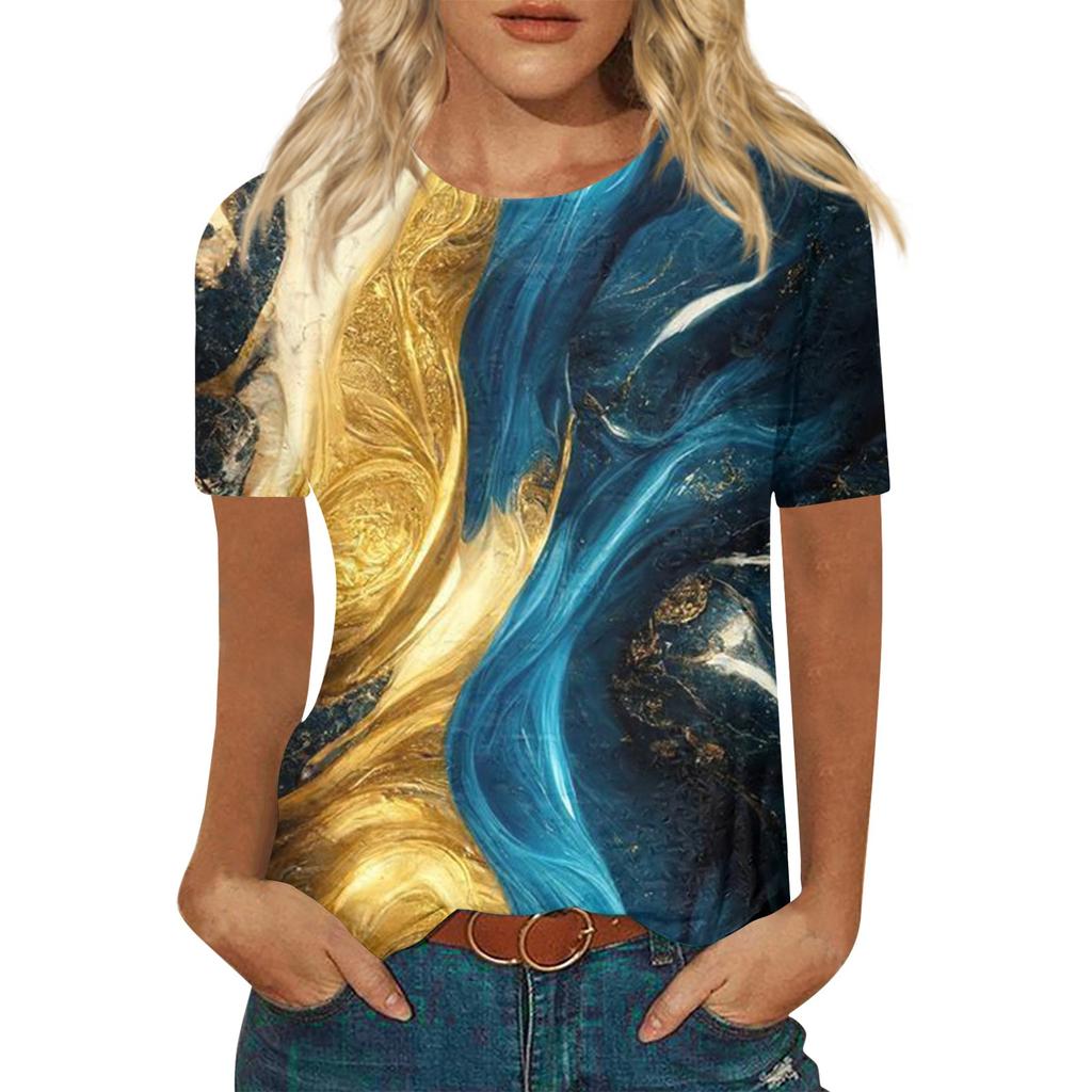 Women's Fashion Casual Printed Round Neck Short Sleeve Top Blouse