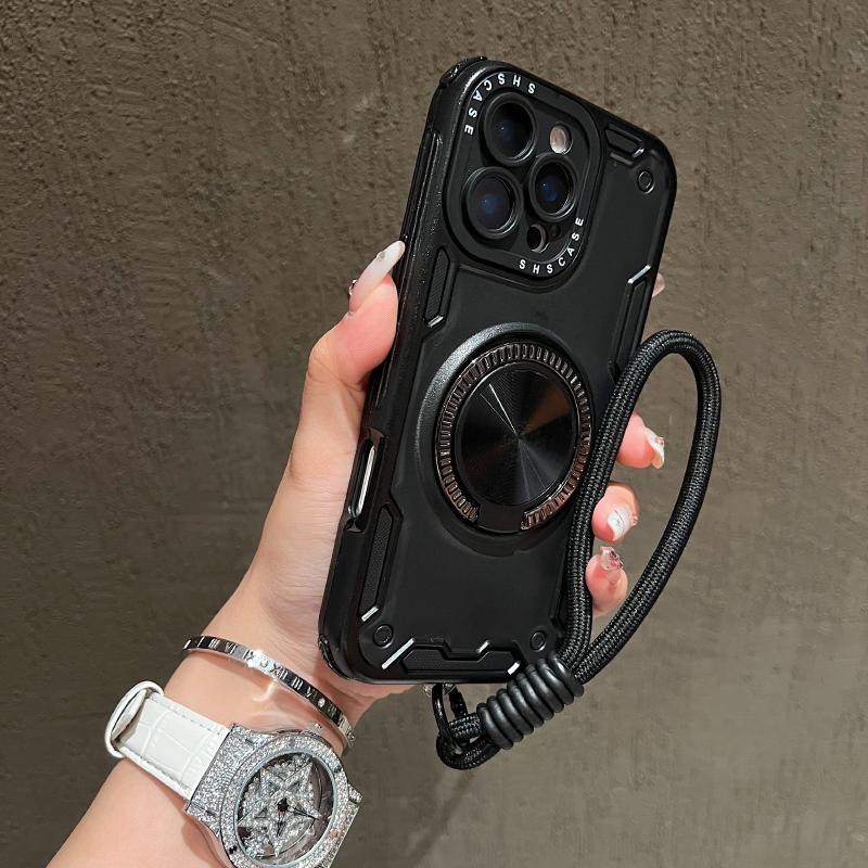 For Magsafe Magnetic 360°Rotat Metal Car Bracket Ring Lanyard Phone Case For iPhone 16 Pro Max 14 11 12 13 15 Pro Max Back Cover