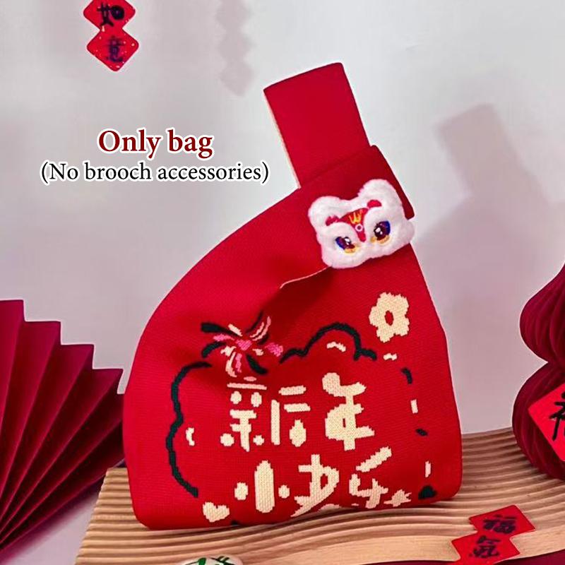 2026 Neujahr Cartoon Maskottchen Pony Gestrickte Geschenktasche Handheld Süßigkeitentasche Große Kapazität Knoten Handgelenktasche Niedliche Wiederverwendbare Einkaufstaschen