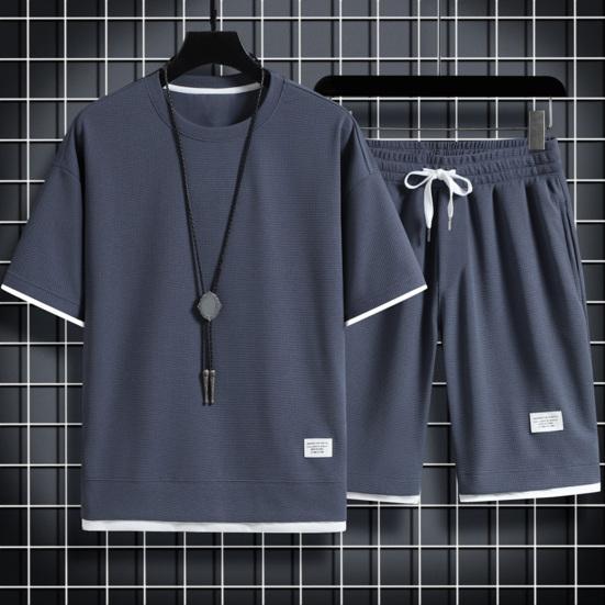 2Pcs/Set Men Sportwear Set O-neck Short Sleeve T-shirt Elastic Drawstring Waist Wide Leg Shorts Set Fake Two