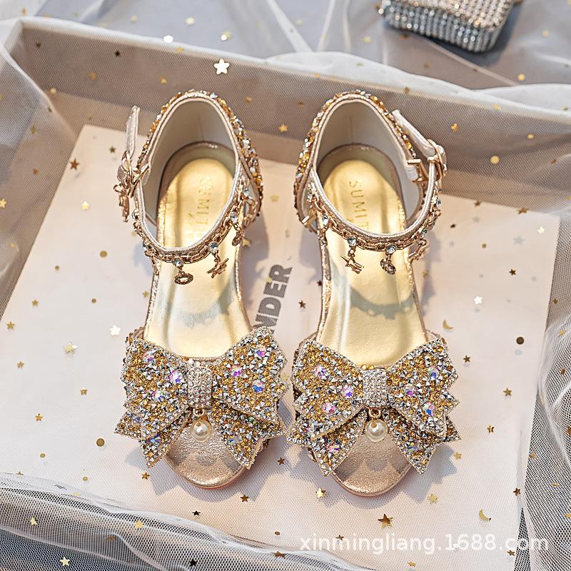 

Новые детские хрустальные туфли на высоком каблуке принцессы, для выступлений детей среднего и старшего возраста и учеников начальной школы на сцене, босоножки ведущего 38 inner length 23.5cm золотой