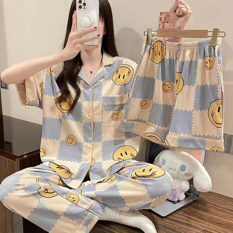 Summer Gilrs Three Pieces Set Pajamas Short Sleeve Cardigan Shorts Trousers Thin Homewear Elastic Loose Soft Plaid Cartoon Lapel