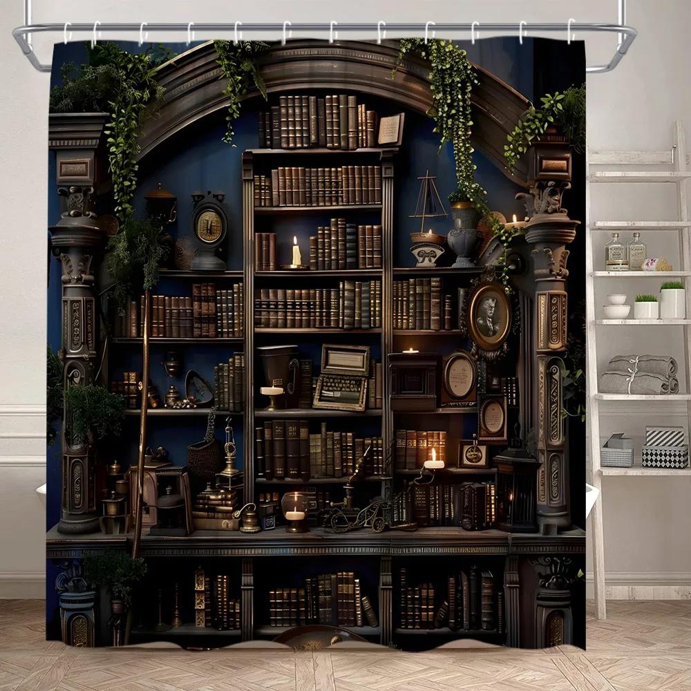Library Shower Curtain Vintage Old Book Bookshelves Plant Leaves Candles Magic Home Polyester Fabric Bathroom Decor Curtains Set