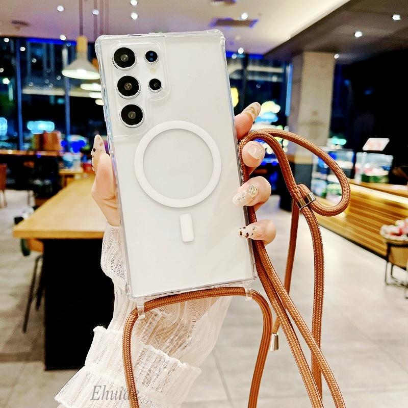 Magnetic Strap Case For Samsung Galaxy S26 Ultra S23 S24 Plus S25 Plus Crossbody Lanyard Clear Wireless Charging Clear Cover