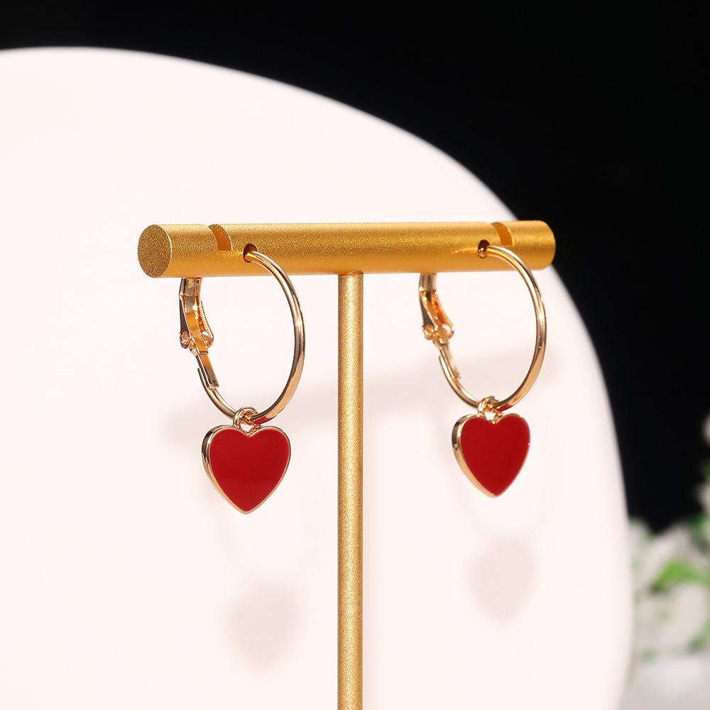 Gold Plated Red Enamel Heart Hoop Earrings, Dainty Love Charm Drop Earrings for Women