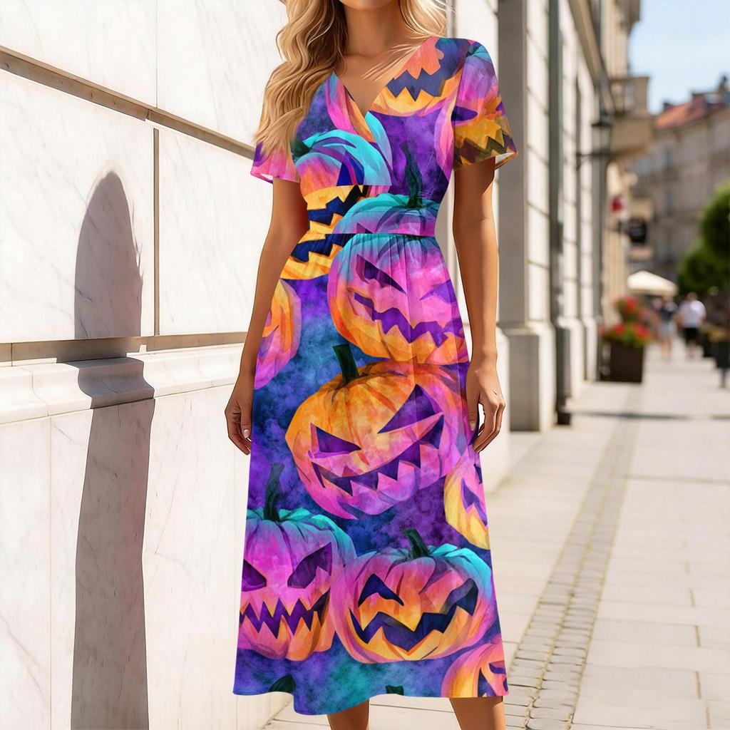 Women's V-Neck Short Sleeve Casual Dress with Halloween Print for Party and Daily Wear