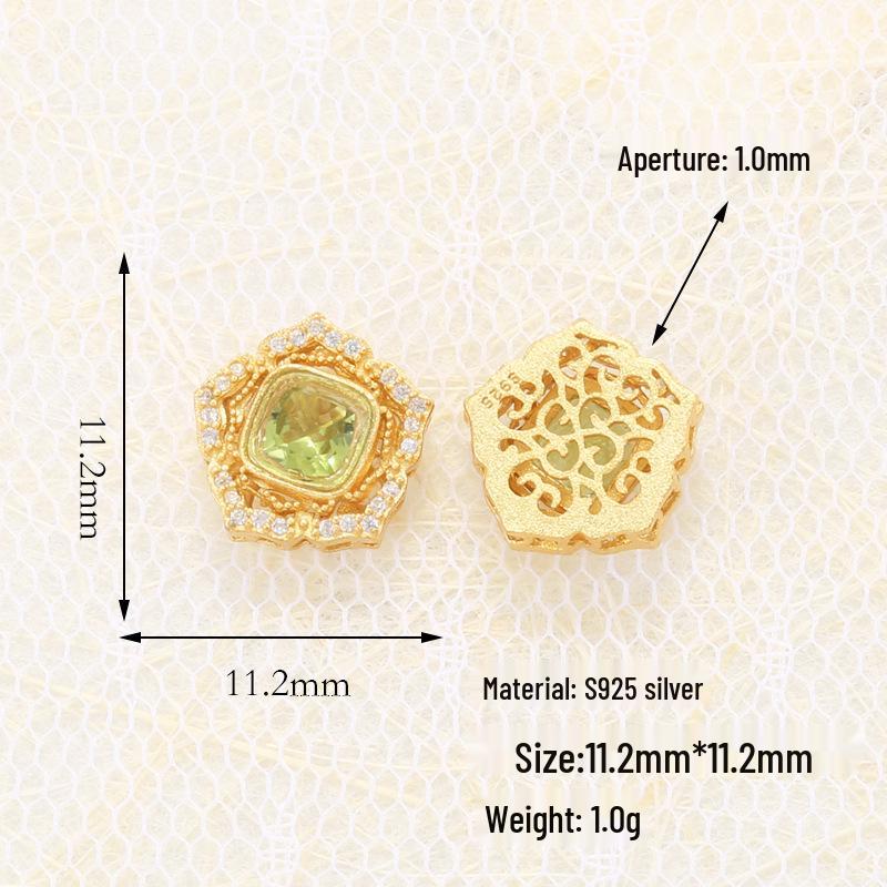 S925 Sterling Silver Inlaid Natural Peridot Diopside Loose Beads Spacer for DIY Bracelet Necklace T7